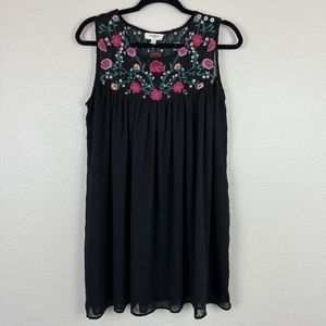 Umgee Floral Embroidered Swiss Dot Sleeveless A-Line Dress Black Small
